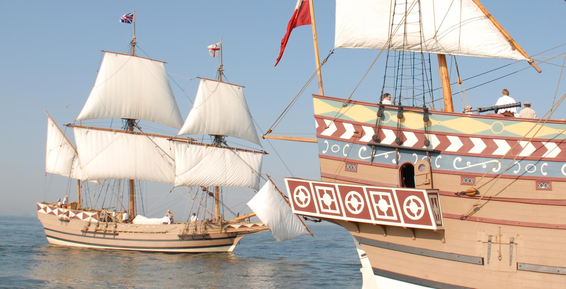 Jamestown Settlement ships, Godspeed and Susan Constant, under sail in the Chesapeake Bay