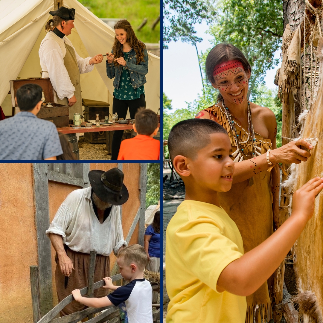 A collage of historic interpreters demonstrating artifacts to students