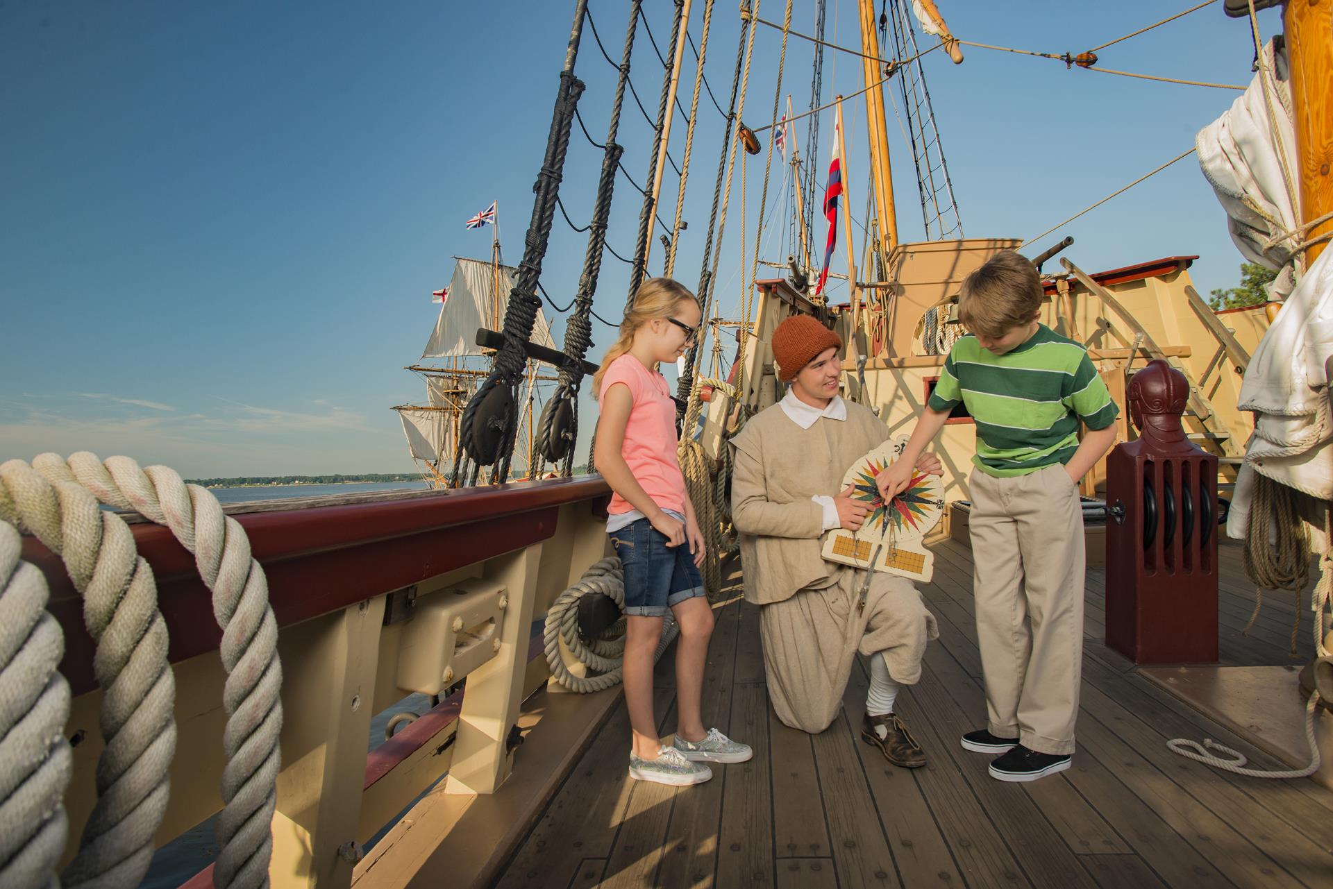 Students learn about 17th century navigation  onboard a re-created ship at Jamestown Settlement