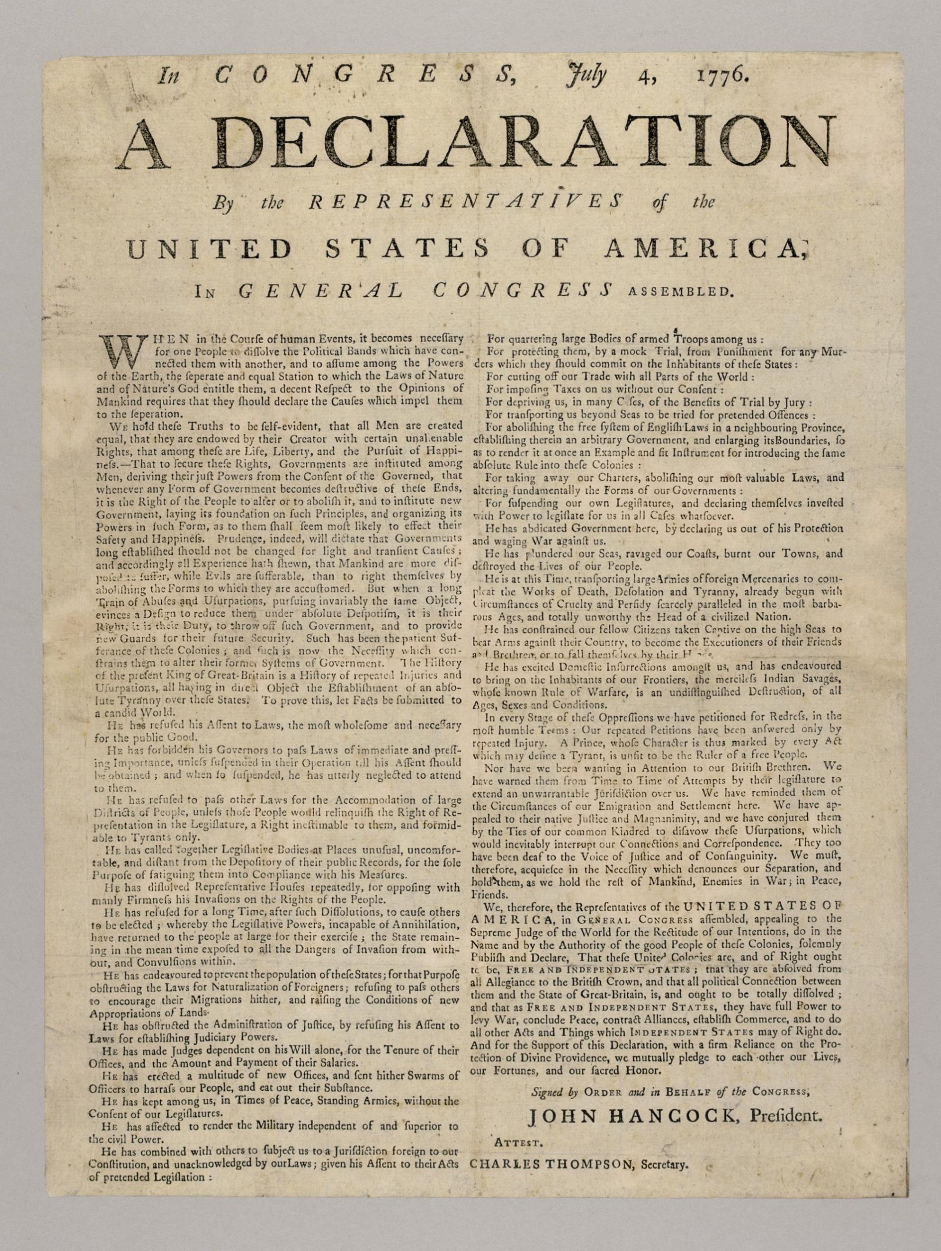 Declaration of Independence broadside, July 1776